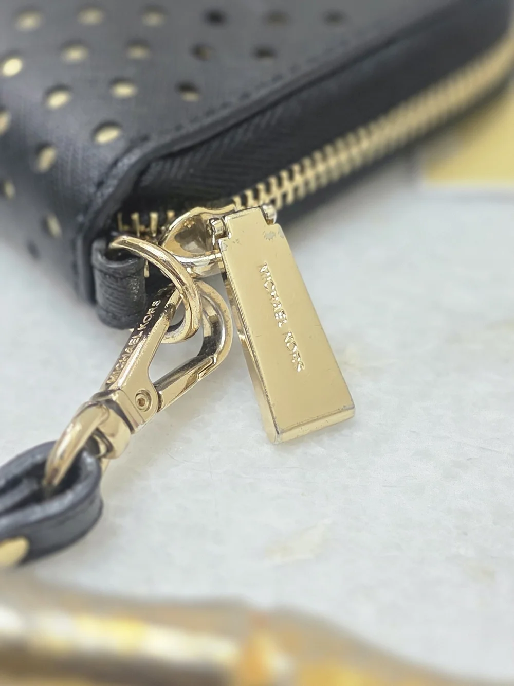 Michael Kors Jet Set Perforated Continental Wristlet Wallet Black Gold